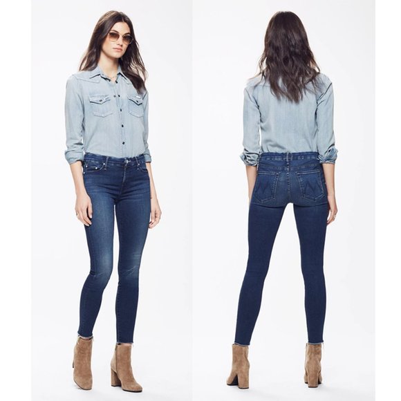 MOTHER Denim - Mother The Looker Ankle Fray Jeans Skinny Super Stretch Denim Fast Times Wash 24